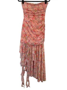 Zara Pink Floral Strapless Asymmetrical Bottom Bodycon Dress NWT